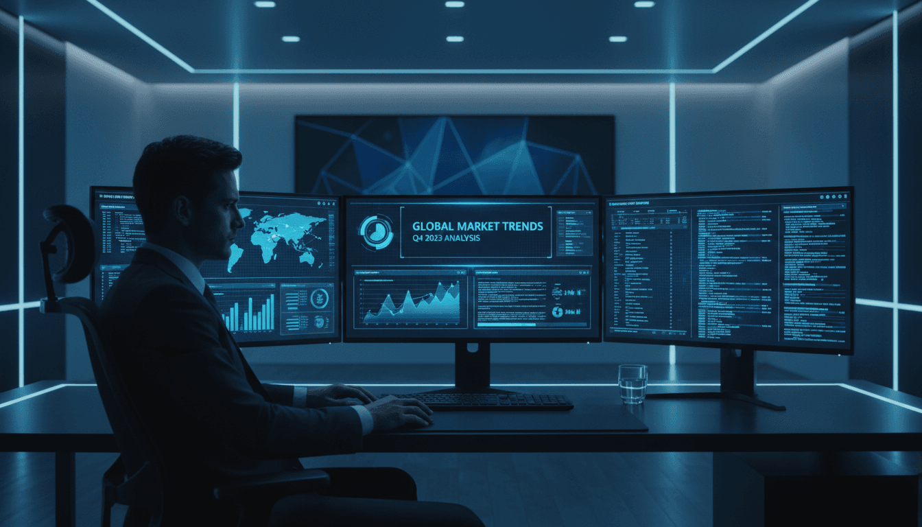 Professional data analyst reviewing structured datasets on computer screens in modern corporate office