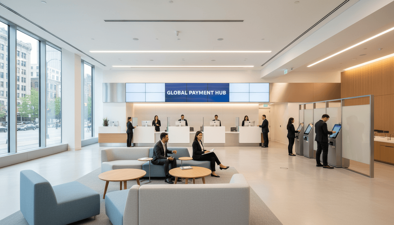 Modern financial services location with customers at service desks and digital transaction terminals in bright, professional urban environment