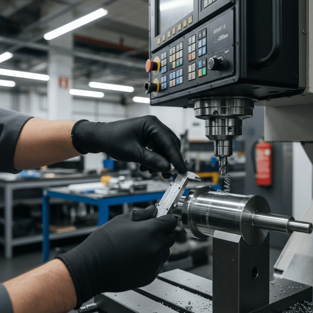 Machinist hands operating CNC milling machine on precision metal component in industrial workshop