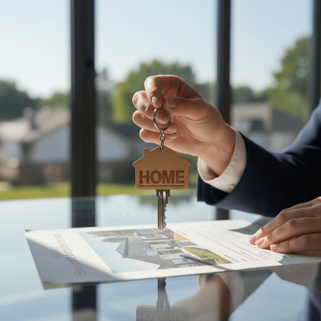 Real estate agent's hands holding house key over property listing document with sunlit office background
