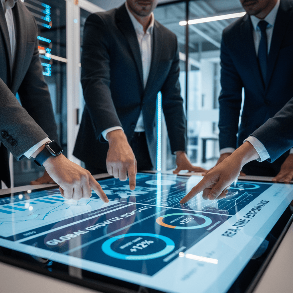 Multiple diverse consultants' hands collaborating on digital screen displaying real-time business analytics and performance data